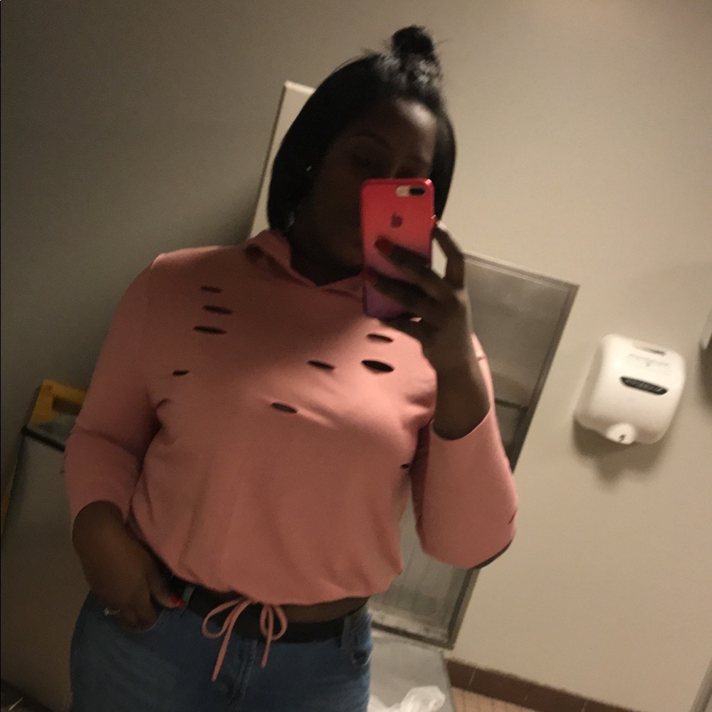 Plus size crop cut up hoodie shirt.